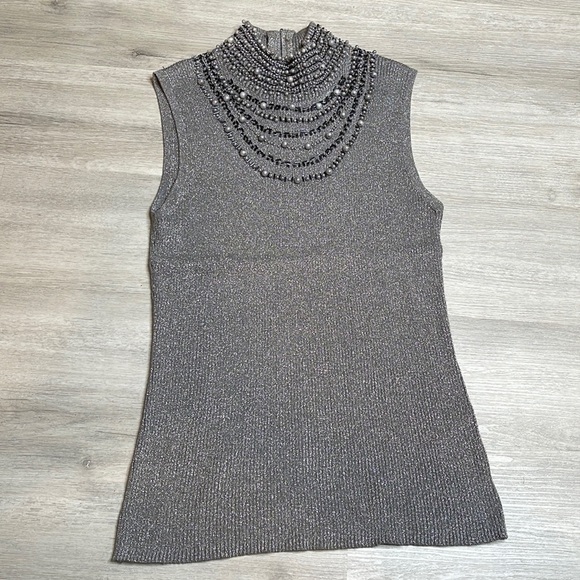 Grace Elements Silver Sparkle Silk Knit Blouse Beaded Trim Size Medium - Picture 2 of 6